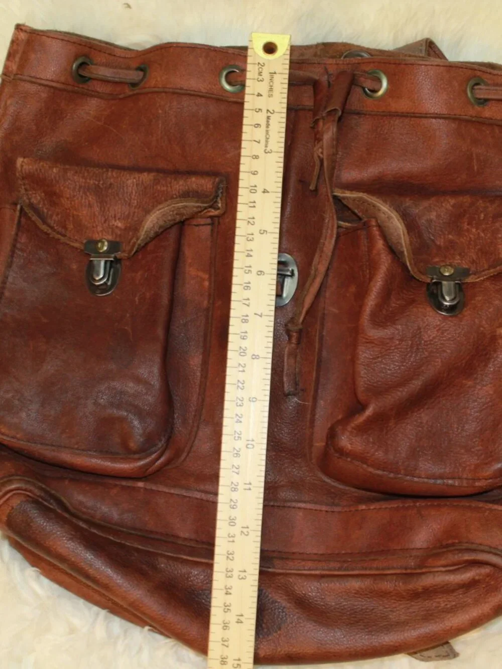 Vintage Brown Smooth Leather Drawstring Flap Close Unlined Rucksack Backpack